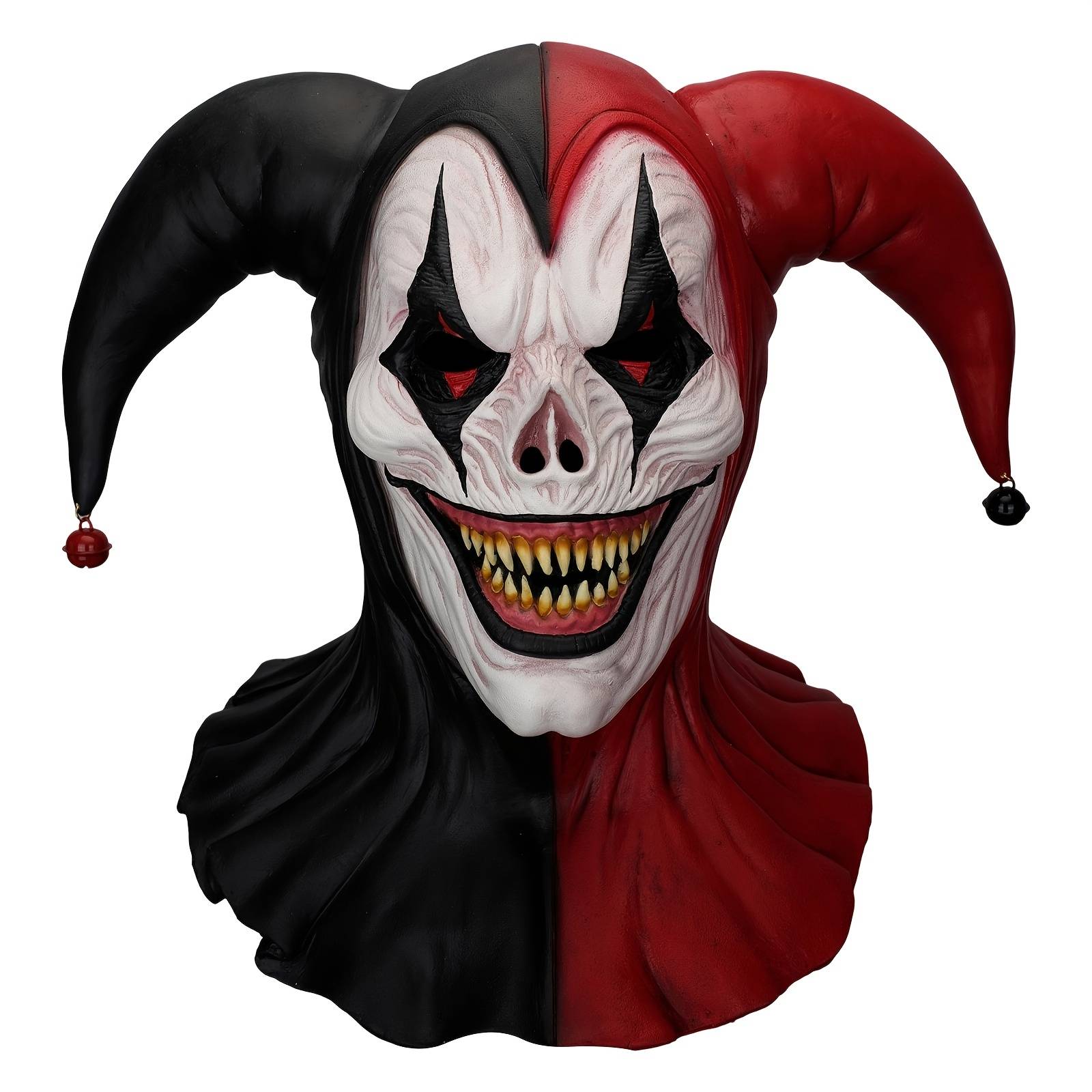 Freeash Adult Scary Jester Latex Mask - Creepy Evil Clown Face Cover With Bells Suitable For Halloween Costumes, Cosplay Props, Themed Parties - Latex Mask For Clown Performances & Role-play