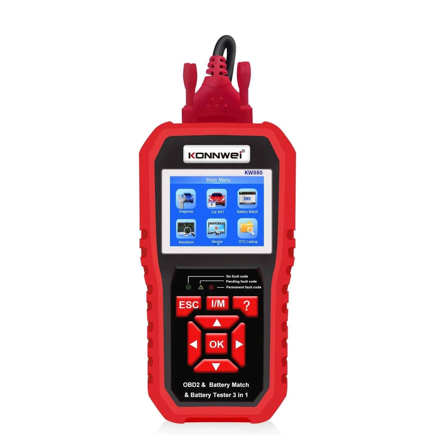 KONNWEI KW880 – 3-in-1 OBD2/EOBD Scanner, 6/1V Battery Tester & Battery Match Reset
