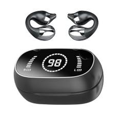 Hörlurar med öronklämma, vattentäta benledning, hörlurar, trådlösa , klämma med öronsnäckor V5.2 med LED-smart skärm, fingeravtryck, beröring i realtid, hög precision för träning pendling