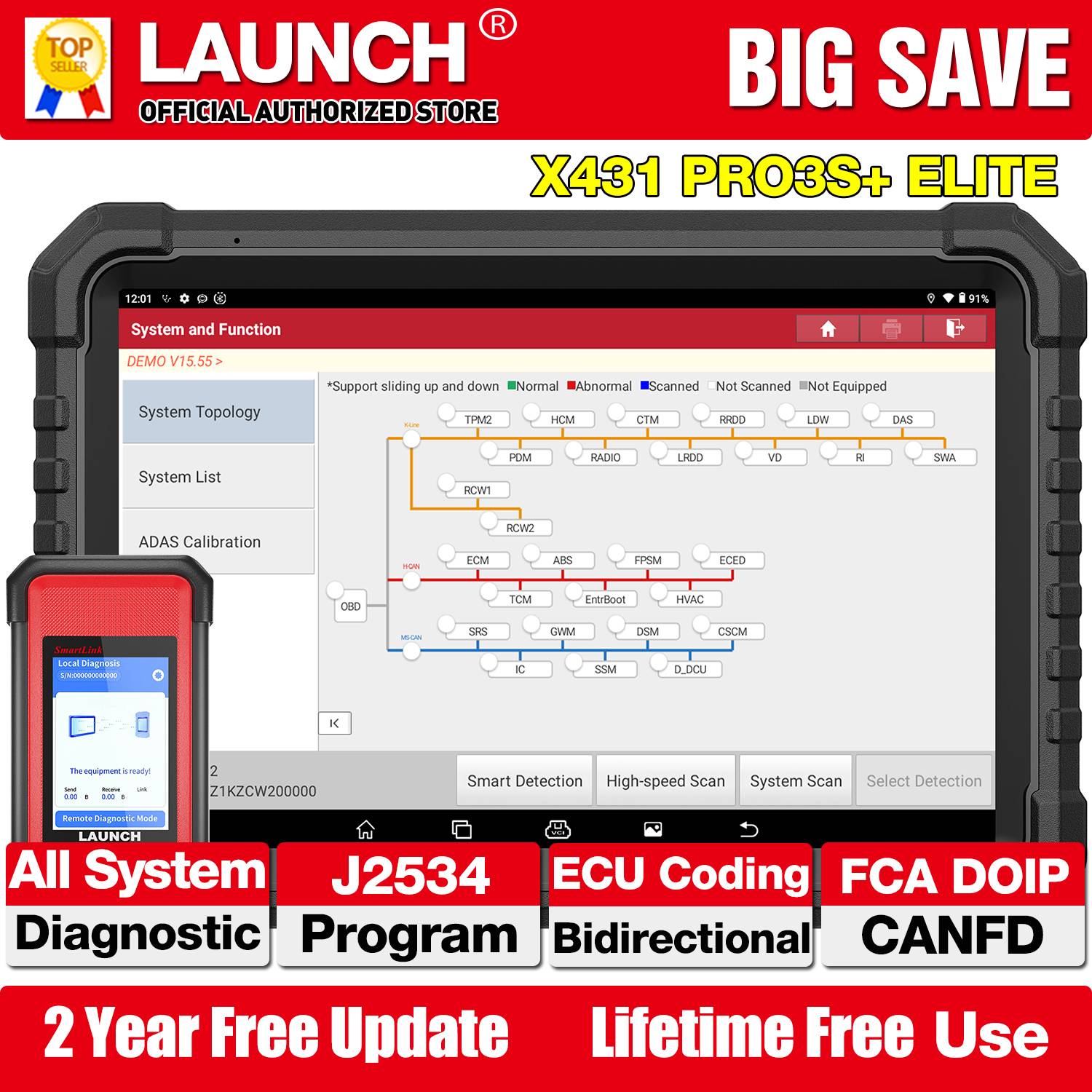 2026 LAUNCH X431 PRO3S+ ELITE Bidirectional Scan Tool J2534 Program All System Diagnostic Scanner Topology All Service Online Coding