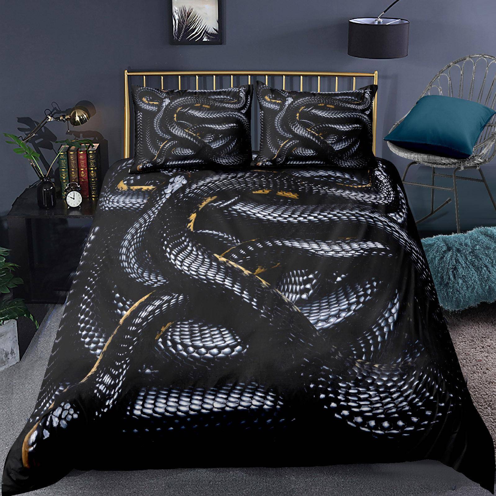 3D Orm Påslakanset för Barn Pojkar Tonåringar Grön Orm Påslakan 3D Reptiltryck Sängkläder Vilda Djur Täcke 180X210cm 3PCS