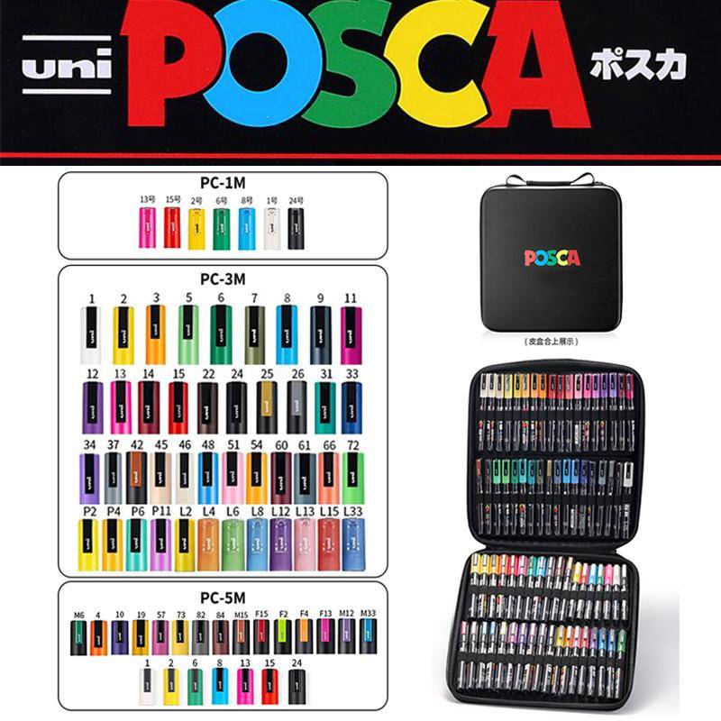 Uni Posca Färgmarkörer Set Akrylfärgpenna 5M/3M/1M Plumones med Förvaringsväska Konstnärsmaterial för Teckning Reklam Graffiti