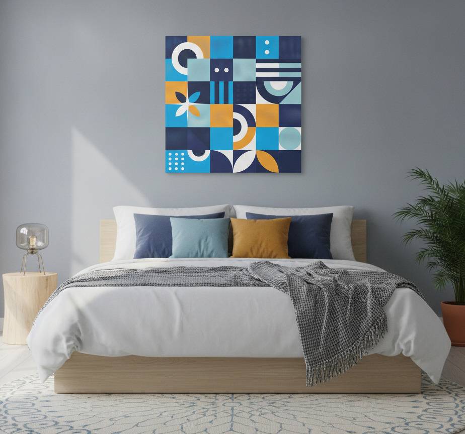 Blå canvas tavla med blå geometrisk design