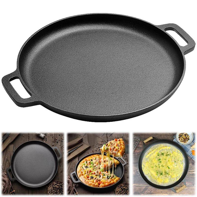 28cm Gjutjärns Rund Stekplatta För Crêpes Och Pizza med Dubbla Handtag Pannkaks Pizza Panna Kök Utomhus BBQ Grill Köksredskap Stekpanna