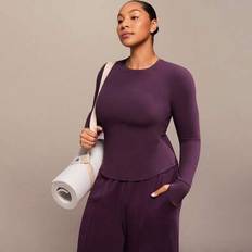 FeatherFit™ In The Zone Mjuk Stretchig Svettavvisande Snabbtorkande Slim Fit Tumhål Svängd fåll Långärmad Topp Lågintensiv Yoga Pilates Studio Gym Dag - Bold Plum (0XL,1XL,2XL,3XL,4XL,5XL)
