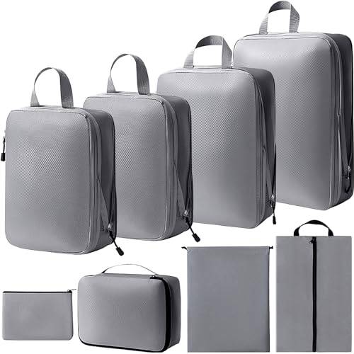 YESLUSY Resväskeorganisatör, set med 8 st utrymmesbesparande kompressionsväskor, reseset för handbagage eller ryggsäck, ultralätt förpackningsset för kläder, skor och underkläder