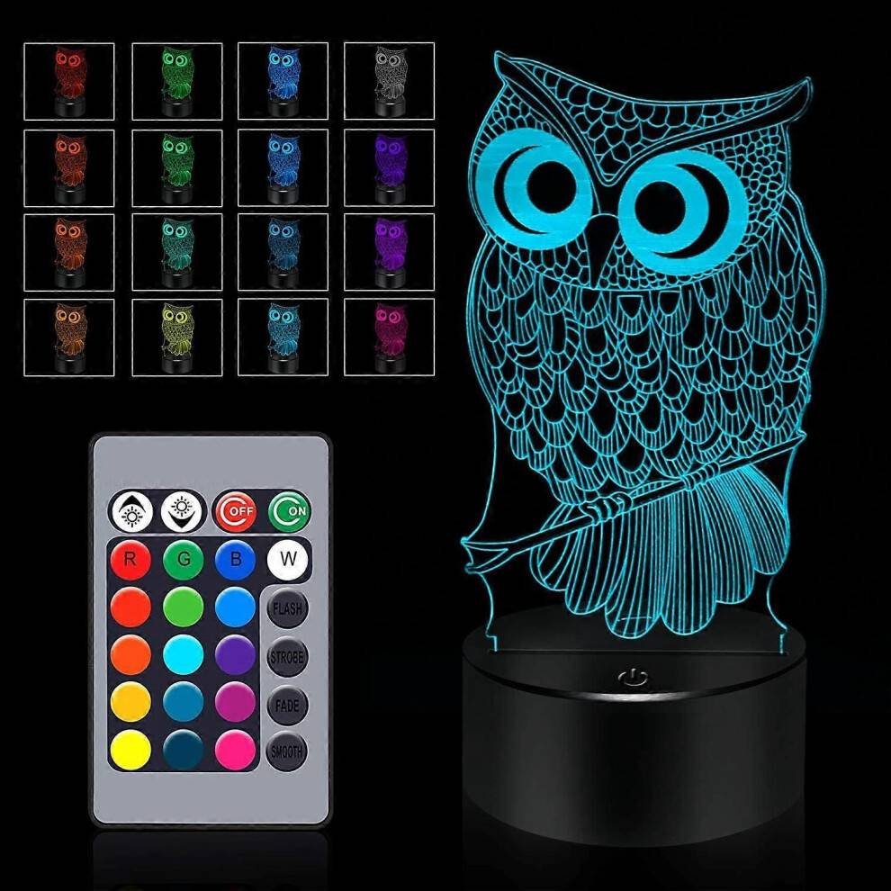 Owl Gifts 3D Owl Lamp, Touch och Fjärrkontroll - Nattljus med 16 färgförändringar - Sovrumsdekorationsleksak