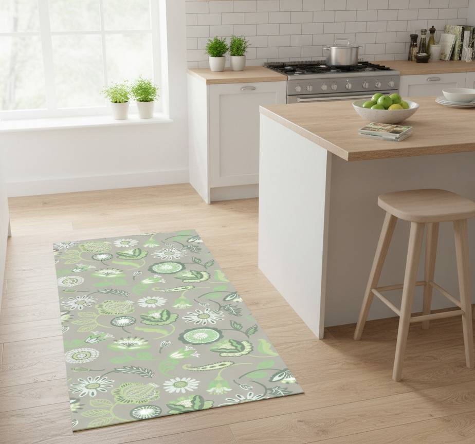 Vinylmatta kök delikat grön polerad blommönster