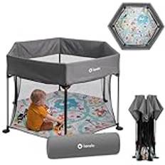 LIONELO Roel Lekhage Baby Upp Till 15 Kg, Stort Format 136 x 86 cm, Sexkantig Form, Lockguard Viklås, Förstärkt Bas, Halkfria Fotkåpor, Skyddsväska