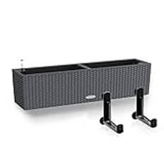 Lechuza Självvattnande kruka BALCONERA stuga 80 granit plast balkongplanterare för räcke rotting look planterare H19 L 80 B 19 cm bunt med svarta balkongfästen