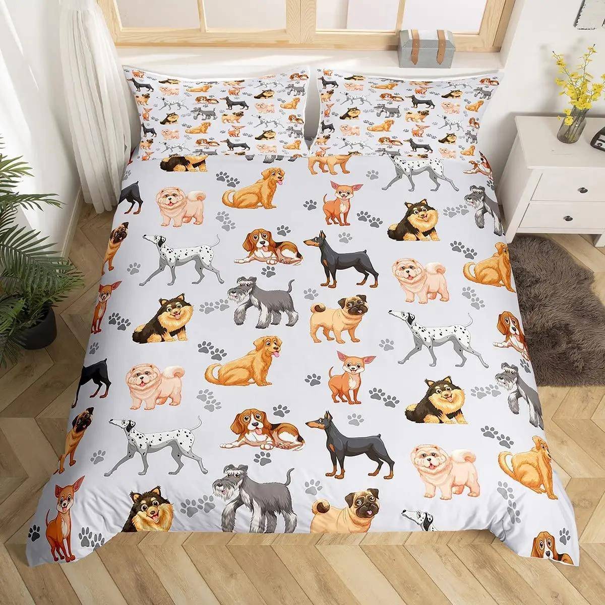 Barn Sött Hund Sängklädesset Sängkläder Tecknade Hundar Täcke Örngott för Pojkar Flickor Barn Husdjur Valp Djur Polyester Påslakan 173x218cm 2pcs