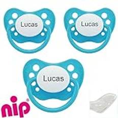 Babysutten Nip napp-med namn, turkos (3-pack), silikon, anatomisk, storlek 1.