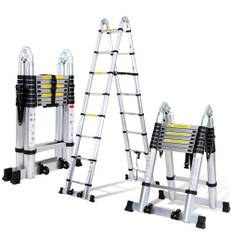 Jopassy Hopfällbar teleskopstege i aluminium, 5 meter utdragbar stege, halkfri aluminiumstege, trappstege, multifunktionsstege, utdragbar teleskopstege med 150 kg lastkapacitet