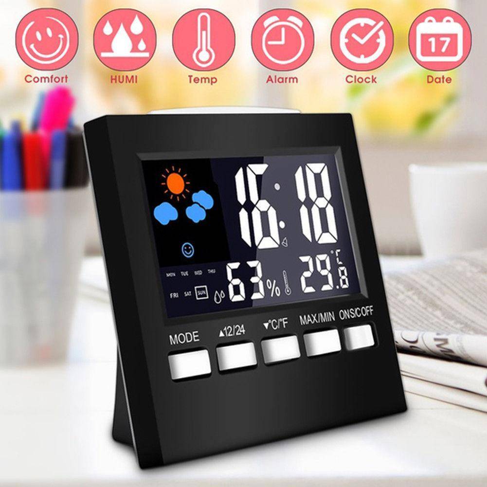 LED Digital flerfunktionstermometer Hygrometer Väderstation Klocka Alarmkalender Hem Rum Röststyrning Hälsoövervakning svart