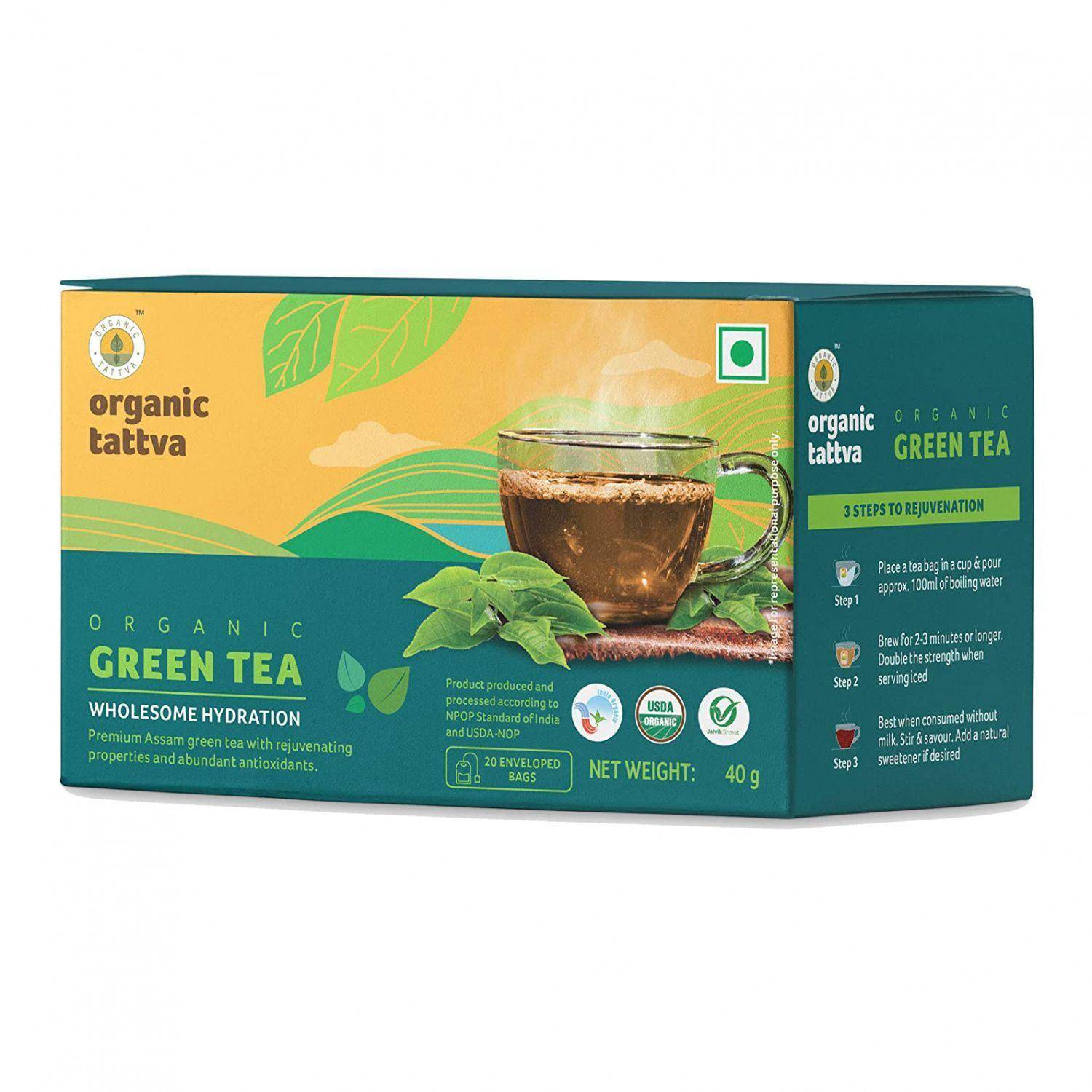Grönt te Assam (20 pack, 2 g), Ekologiskt Grönt Te, Ekologiskt Tattva
