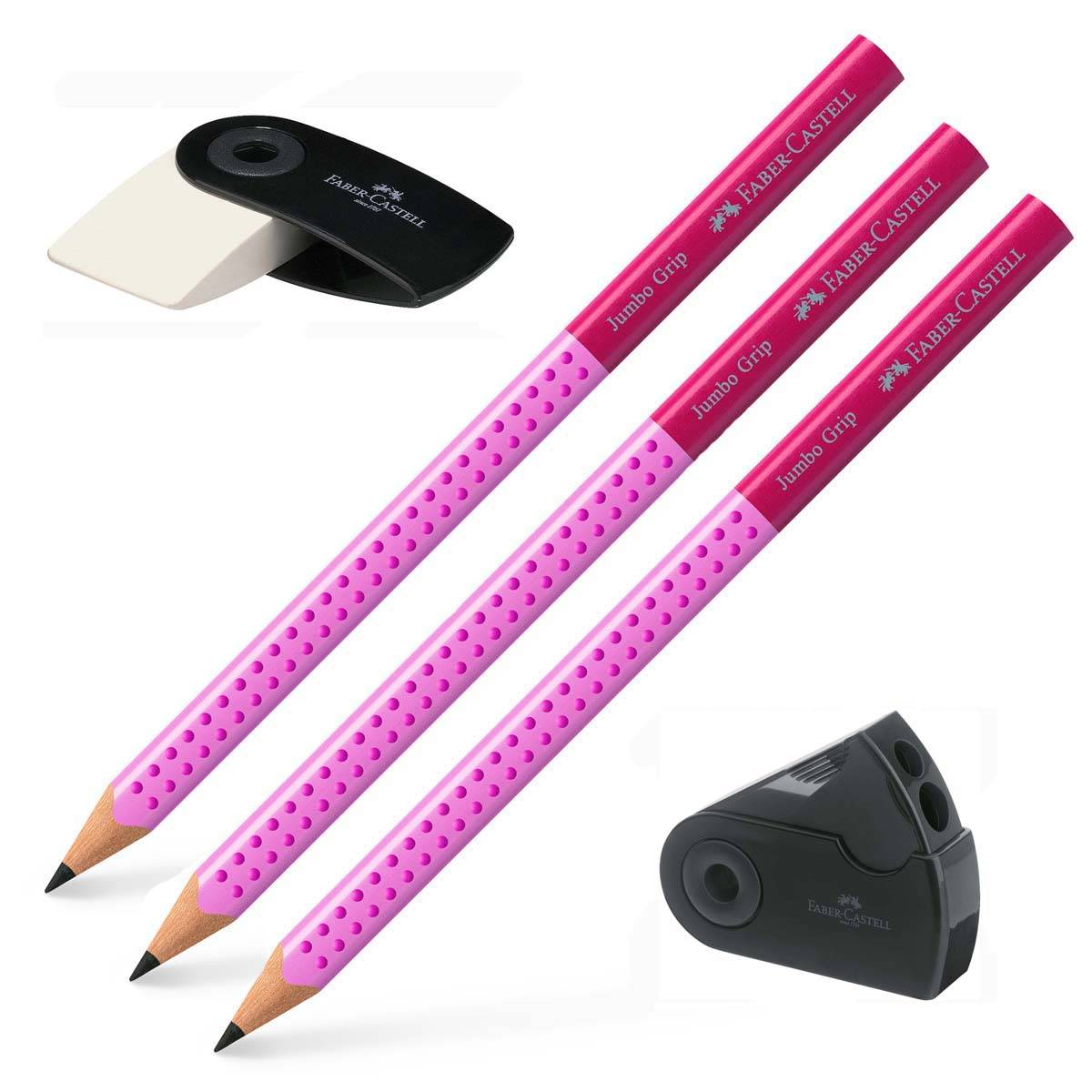 Faber-Castell - 3 stk. Jumbo Blyanter med grip, viskelæder og blyantspidser - Pink.