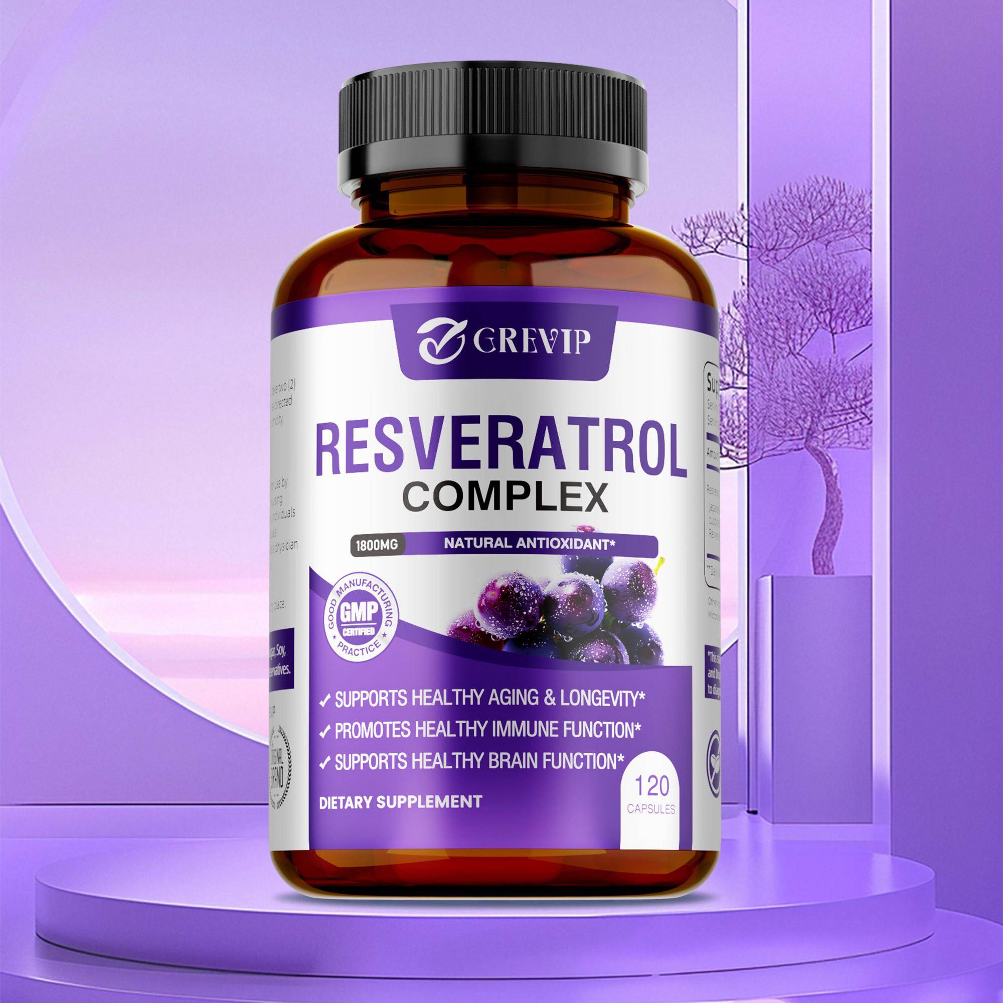 CREVIP Resveratrolkomplex Kapslar, innehållande resveratrolkomplexingredienser, för daglig kosttillskott.