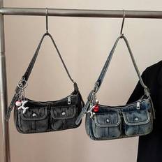 Fashion Old Washed Fabric Slouchy, Street Wind Shoulder Bag, Multi-Pocket, Ladies' Leisure Bag With Pendant Decoration, Underarm Baguette Bag, Ladies' - Multicolor