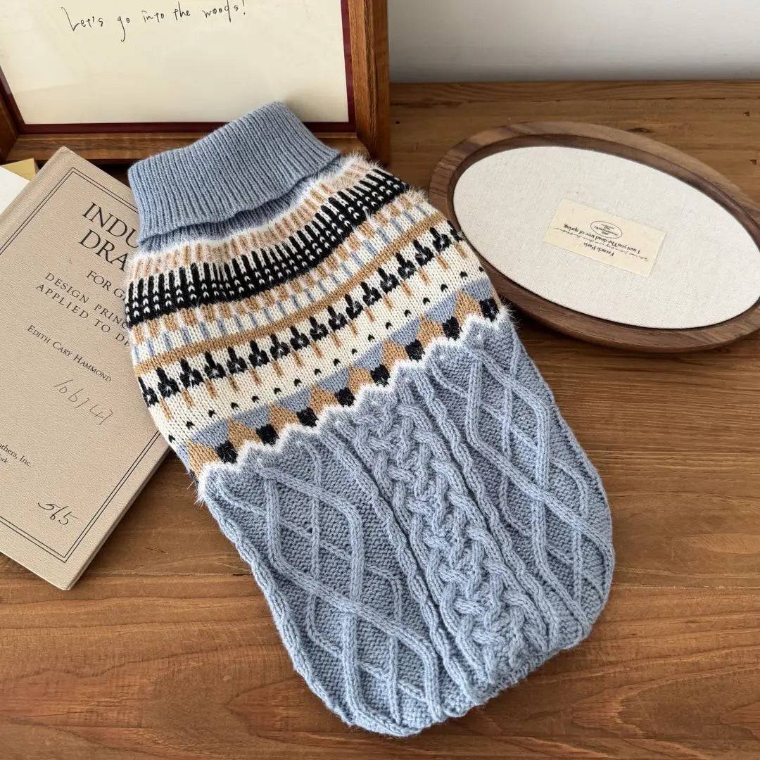 Vintage Print Dog Sweater for Small & Medium Dogs — Navy, Blue & Beige - blue / XL(5.5-7.5kg) (XL(5.5-7.5kg))