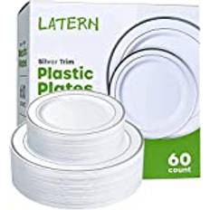 LATERN 60 st fleranvändning silver plast servisset, 30 st 26 cm middagstallrikar + 30 st 19 cm salladstallrikar, återanvändbara plasttallrikar för bröllopsdag, trädgård, efterrättsfest