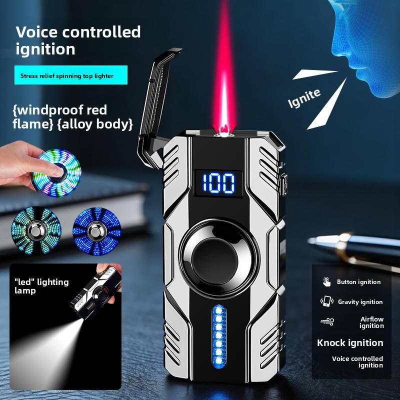 2026 Voice Controlled Induction Ignition Windproof Red Flame Butane Gas Lighter Creative Colorful Gyroscope Electric Lighters