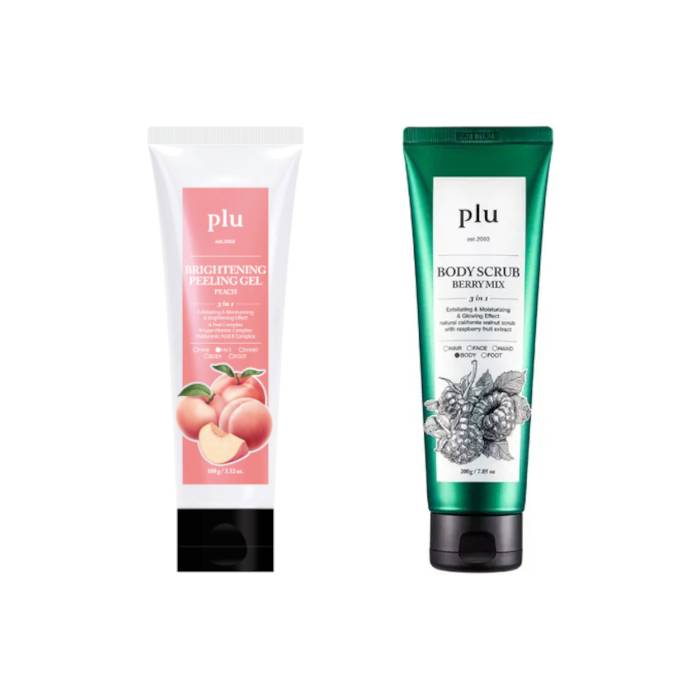 plu - Brightening Peeling Gel Peach - 100g (1ea) & Body Scrub - 200g - Berry Mix (1ea) Set - black