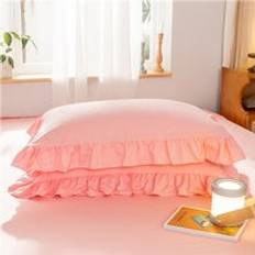 1pc volanger örngott prinsessa europeiskt solid kuddfodral skydd sängkläder bomull volang sovsäng örngott 48*74cm - Rosa