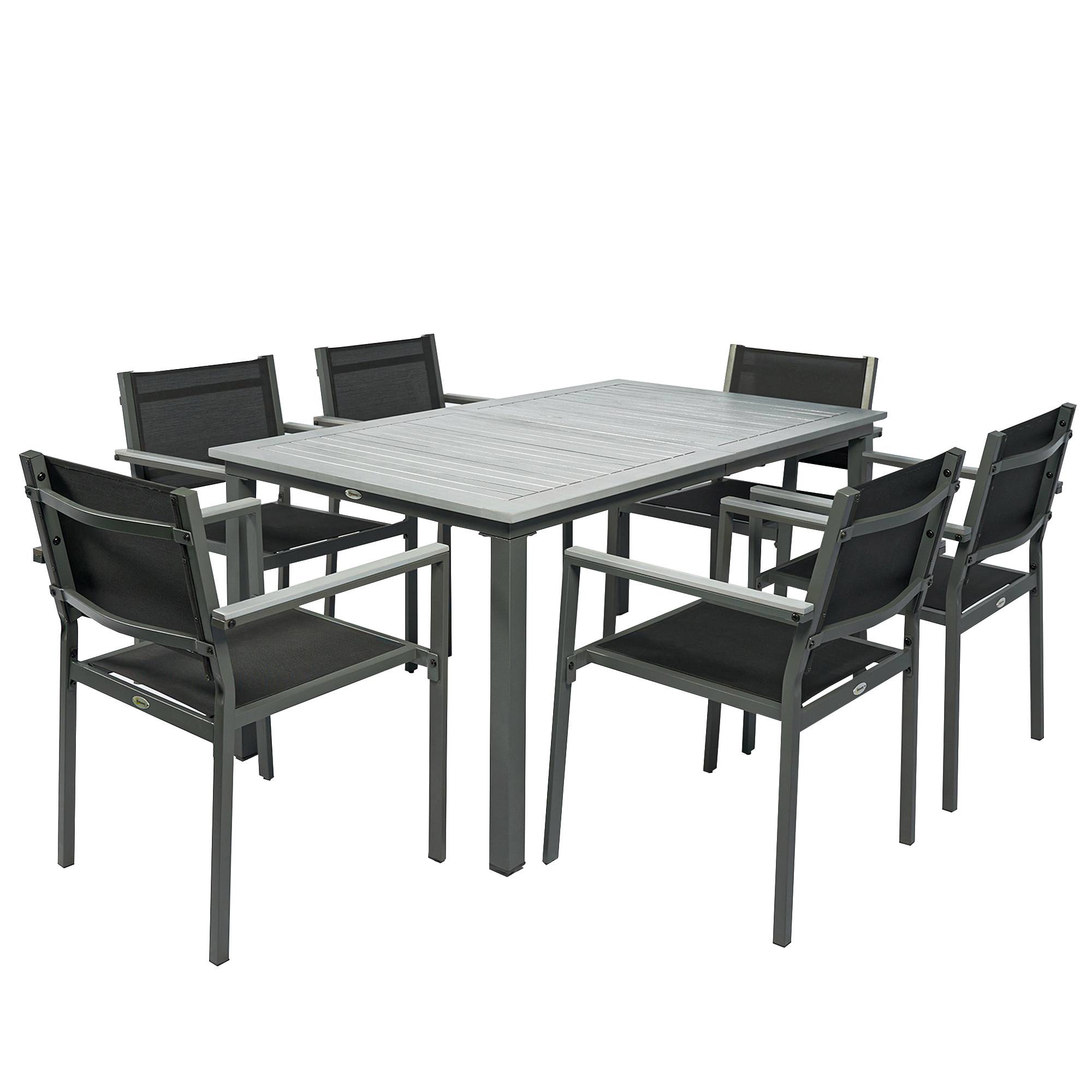Outsunny Garden Dining Set with Acacia Wood Table Top, Outdoor Table and Stackable Chairs Set for 6 with Texteline Seat, for Patio, Conservatory, Terrace, Grey