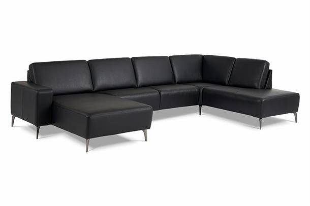 Solution sofa med open end og chaiselong - Sort læder - Med sove funktion