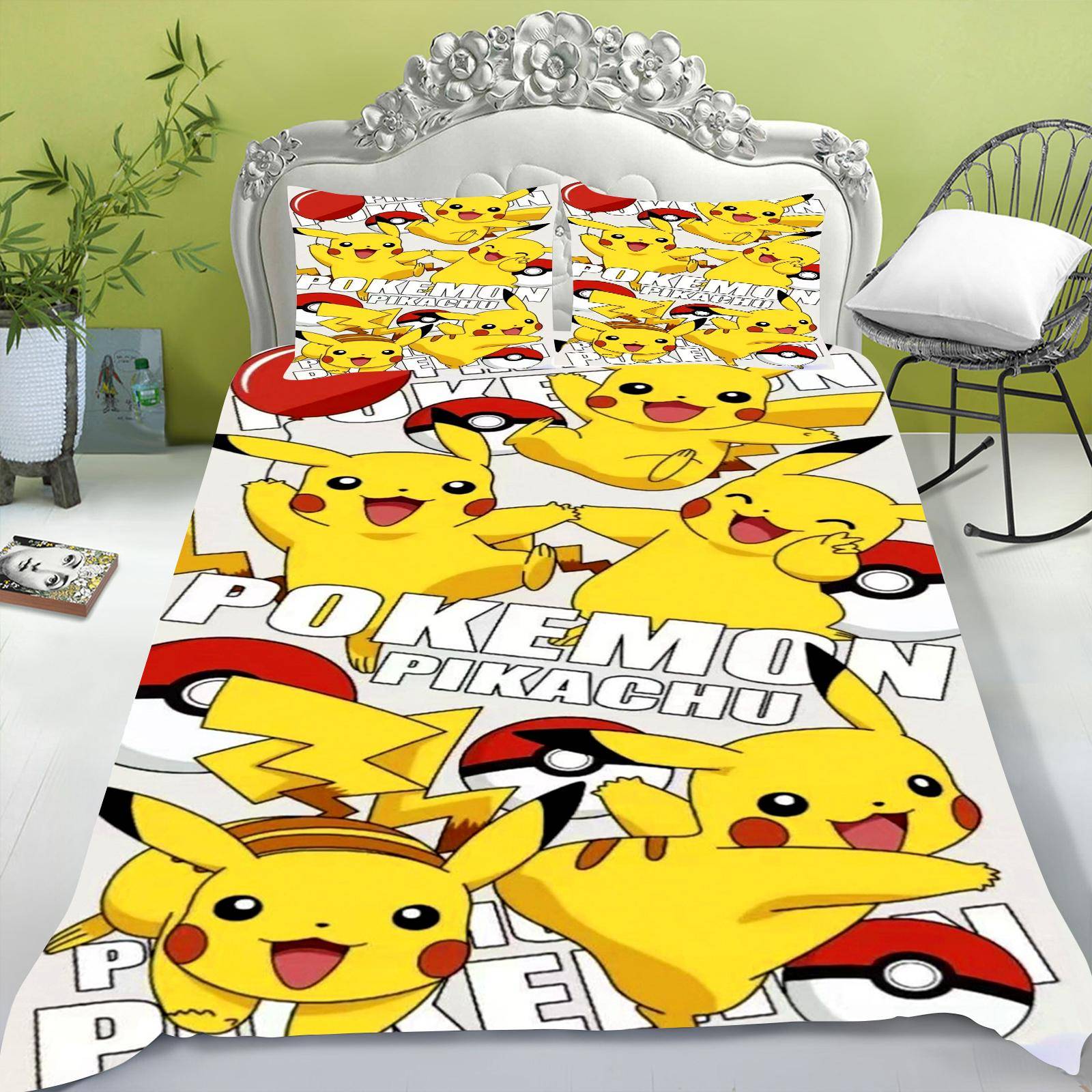 Tecknad påslakan set för barn, Pikachu Anime täcke, King Size täcke, Queen, Grad A, 3D sovrumslakan 203x228cm