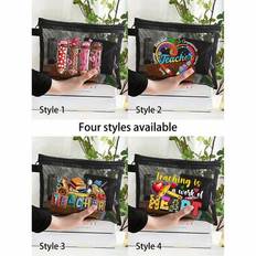 Teacher Appreciation Gift Network Large Capacity Portable Cosmetic Bag, Printed With Cartoon Pencil Pattern, Apple Butterfly Pencil Element, Coin Purs - Multicolor - Style 1 (1 Piece),Style 2 (1 Piece),Style 3 (1 Piece),Style 4 (1 Piece)