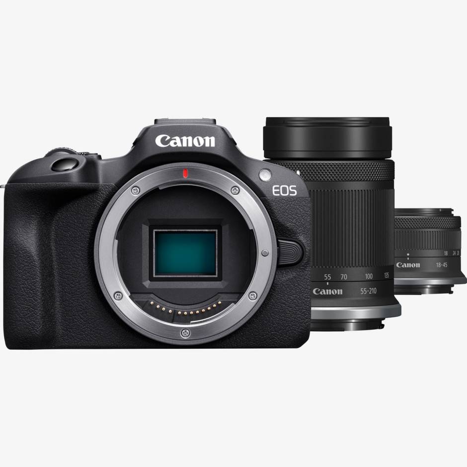 Canon EOS R100 spejlløst kamera + RF-S 18-45mm IS STM-objektiv + RF-S 55-210mm IS STM-objektiv