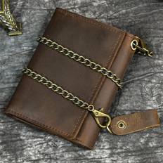 Men Leather Short Wallet with Chain Zipper Clutch Wallets Male Short Trifold Purse Card Holder Change Coin Purse brun