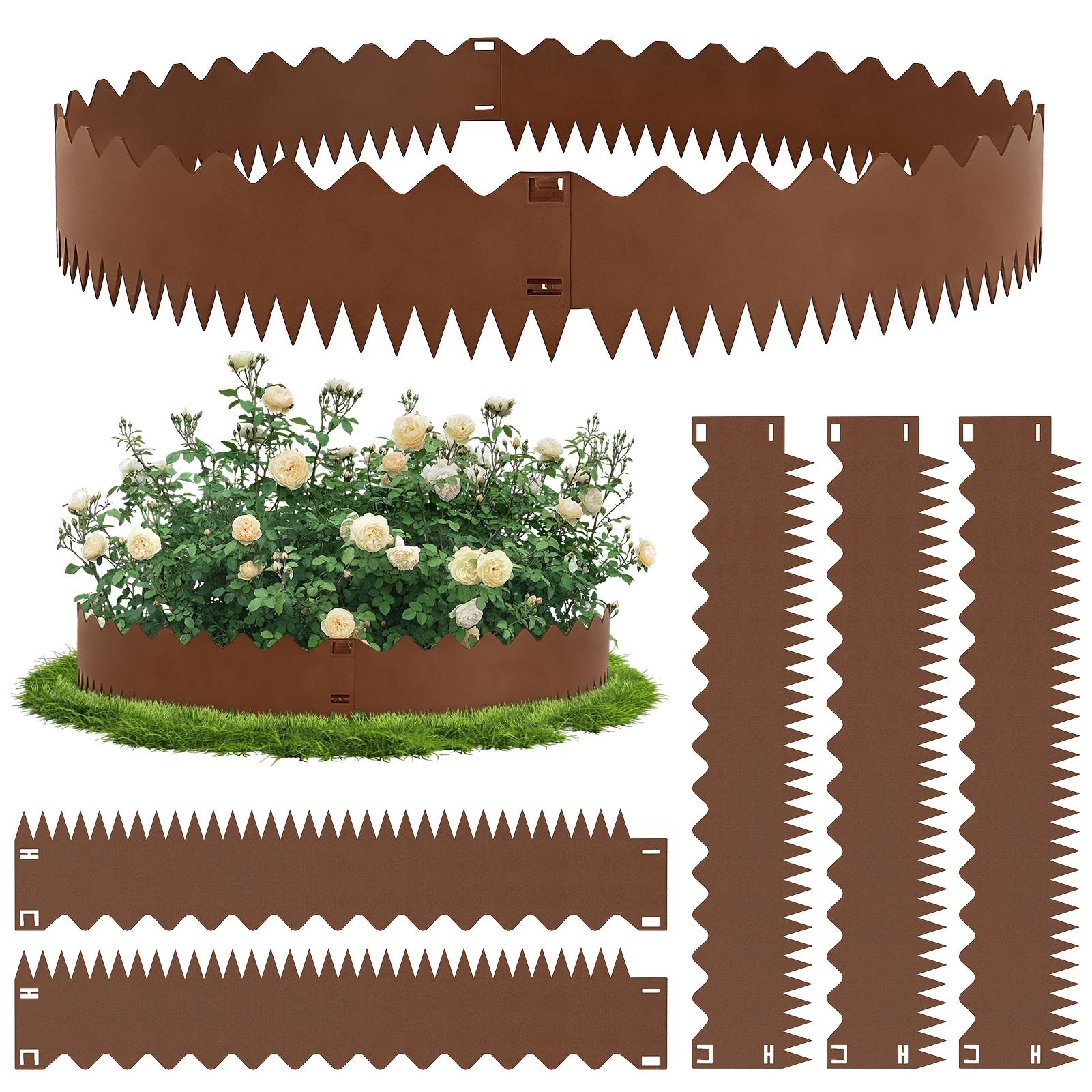 Brown Garden Edging, Metal Lawn Edging, Wavy Style, Pack Of 5, 107.5×15cm