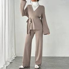 Damtröjaset, 2 st Dam Kimono Cardigan & Byxa Set, Stickad Sweater Suit, Winter Women Pyjamas,Jul Pyjamas Family,Vinter Outfits,Women Tröjor,Vinter Dam - Kamel (L,M,S,XS)