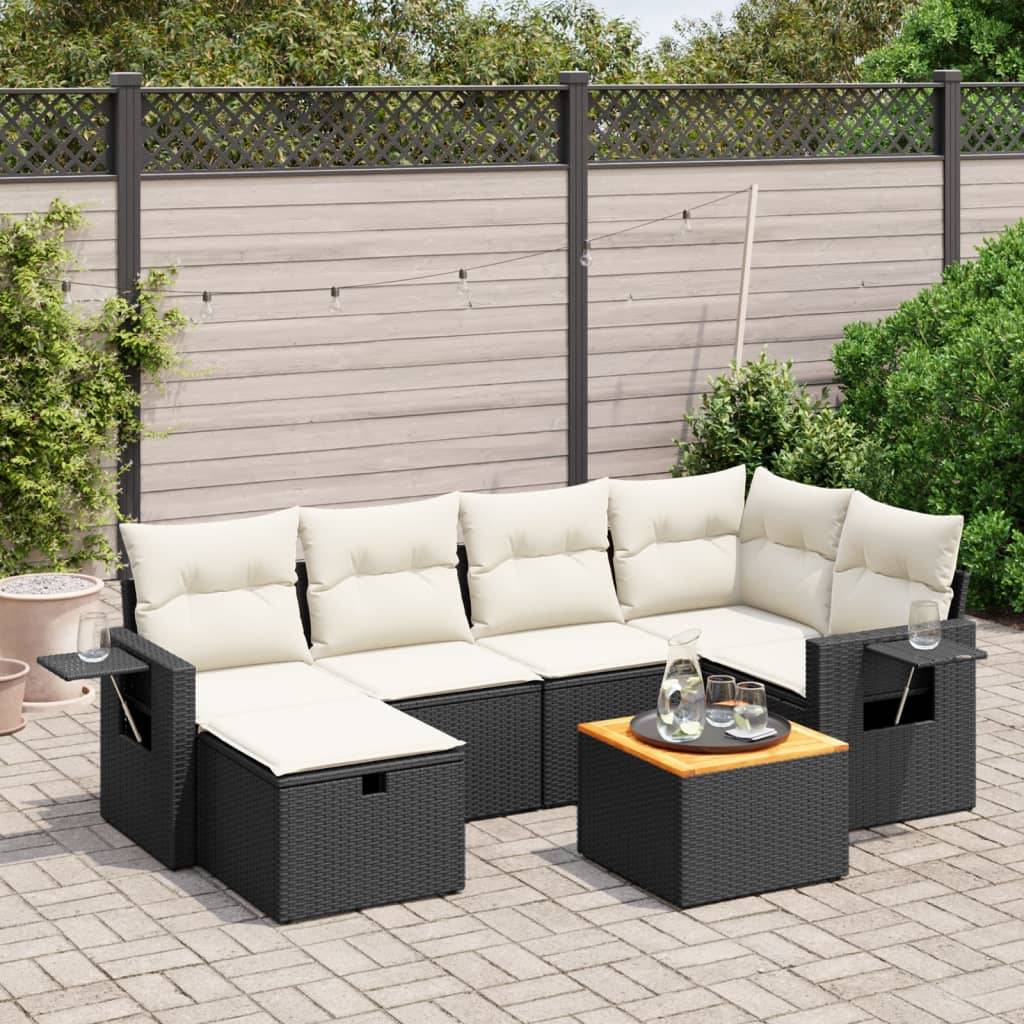 Sofasæt Til Haven 7 Dele Med Hynder Polyrattan - Sort og cremefarvet / Uden opbevaring