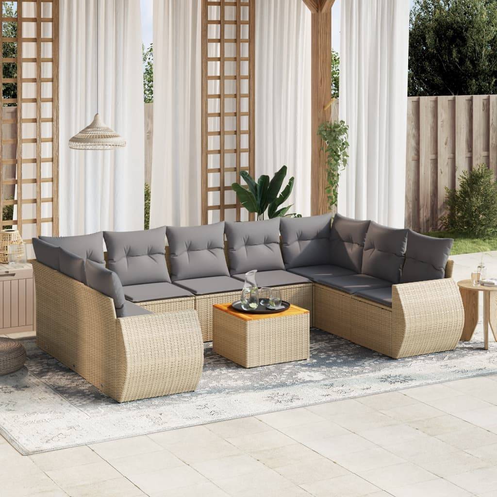 Sofasæt Til Haven 10 Dele Med Hynder Polyrattan - Beige og lysegrå / 2X hjørnedel + 5x midterdel + bord
