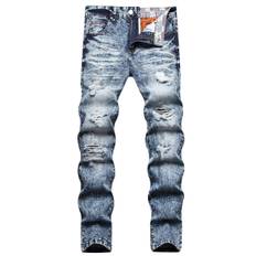 Men's Cotton Blend Ripped Distressed Jeans, Chic Street Style Slim Fit Bottoms For Men, All Seasons 42 blå
