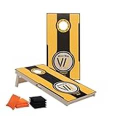 Wicked Wood Games Officiellt Cornhole Set 120 x 60 cm (4 x 2 tum) | Tävlingsstorlek | inklusive 2 brädor + 2 x 4 väskor (orange och svart) | Wicked Wood Print | Utomhusanvändning (Battle Zone Design)