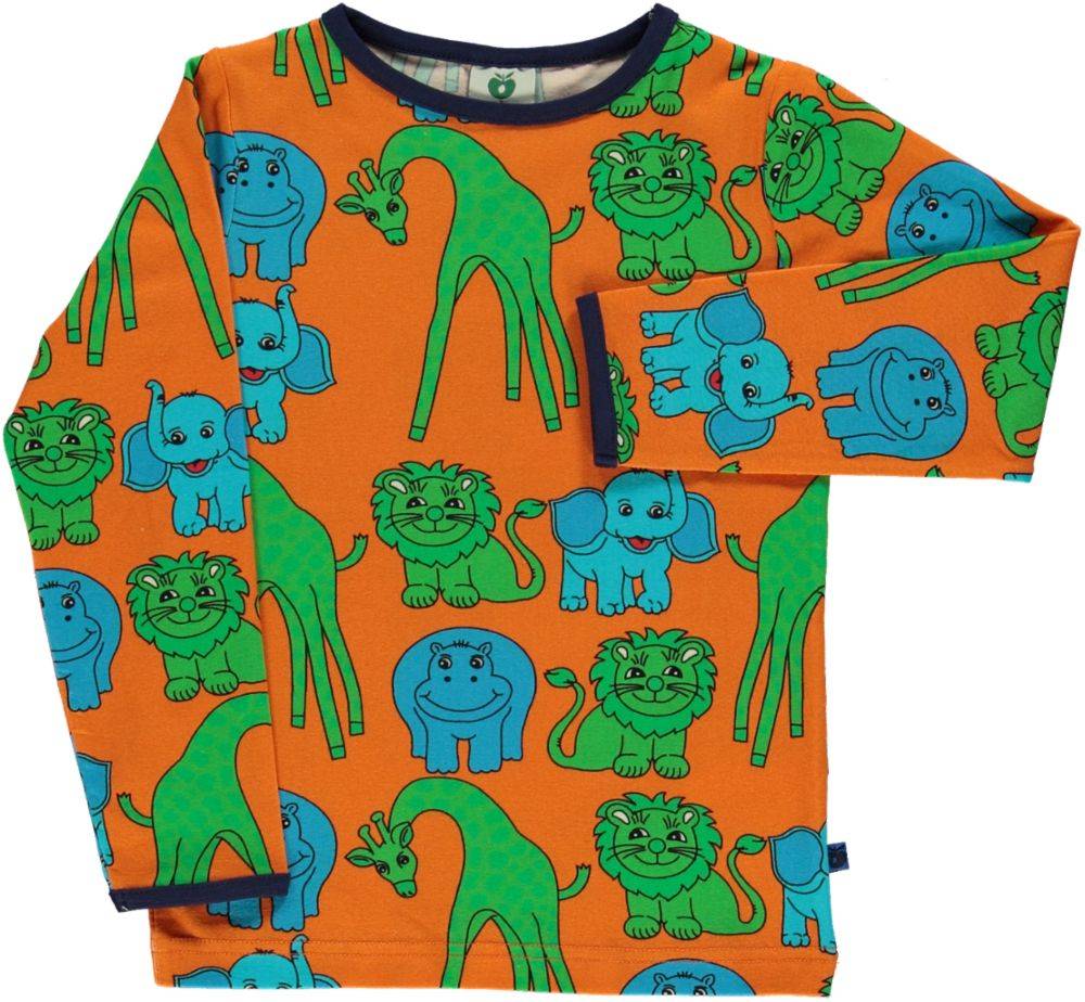 Langærmet bluse med giraffer, løver, flodheste og elefanter - Orange / 11-12