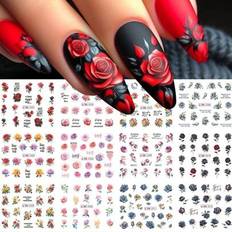 Romantiska Rose Flower Nail Art Stickers 12 design Rosa Champagne Röd Blå Svart Rose Nageldekaler Vattenöverföringsreglage Vattenstämpel Manikyr Nagel - Multifärgad