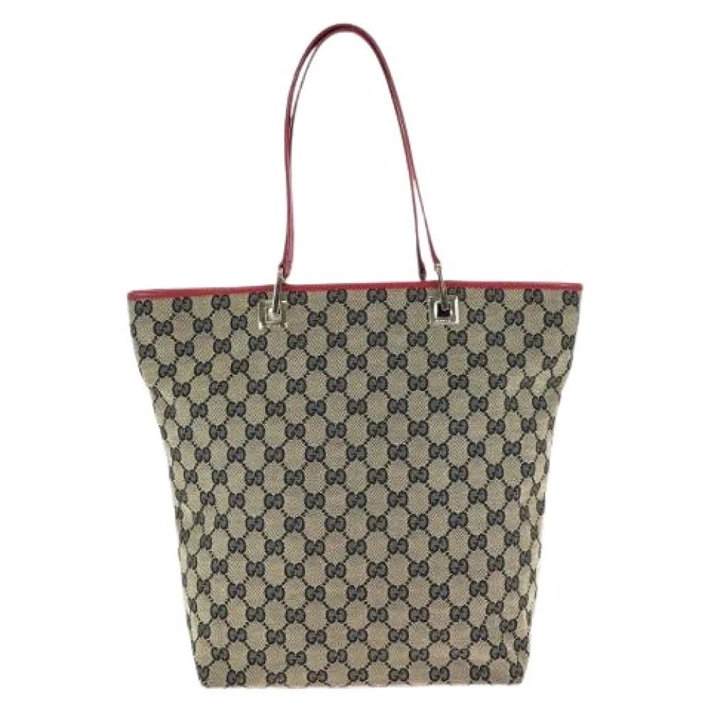 Gucci Vintage Pre-owned Beige Red GG Canvas Leather Tote Bag - Vintage - Dame - Blå - ONE SIZE - Læder