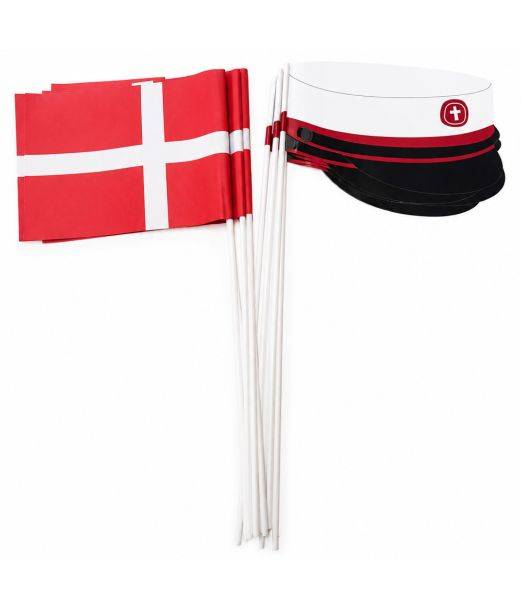 Røde studenterhuer og flag på pind