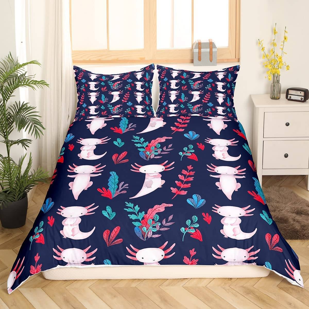 Sött Axolotl Sängklädesset För Pojkar Flickor Kawaii Reptiler Djur Täcke Örngott Tvilling King Size Havsliv Axolotl Påslakan AU King(245x210cm)