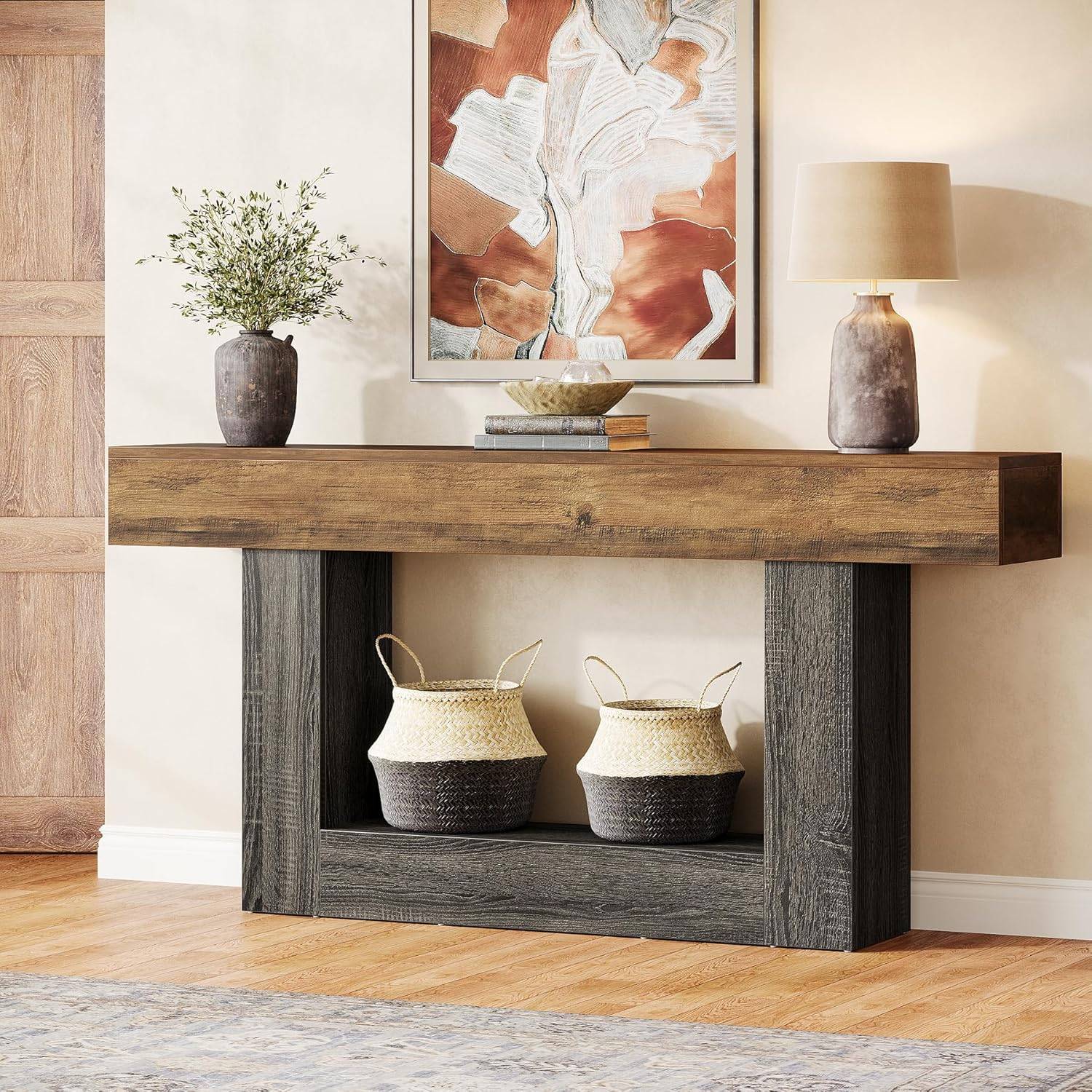 63-inch Console Table With 2-tier Storage Shelf - Suitable For Living Room, Hallway Sofa Table, Wood, Rustic Brown & Grey, Assembly For Narrow Spaces Entryway Furniture