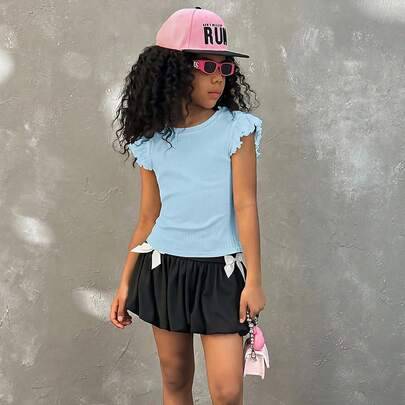 Tween-flickors somrig streetwear-semester T-shirt i enfärgad vit med volangkant - Babyblå (8Y,9Y,10Y,11Y,12Y,13Y)