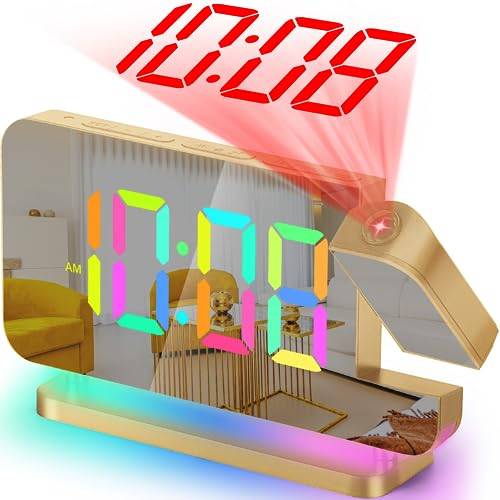 SZELAM Projektion Wecker - LED Spiegel Digitaluhr Großes Display mit RGB Nachtlicht USB C Ladestation 180° Drehbarem Projektor - 7.4” Lauter wecker für Tiefschläfer Schlafzimmer - Gold