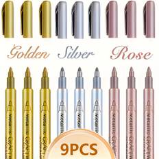 TEMU 9-pack Metallic Craft Pens In Golden, Silver, And Rose Colors, Ideal For Signing And Artistic Purposes, Water-based Markers Suitable For Large Festivals.