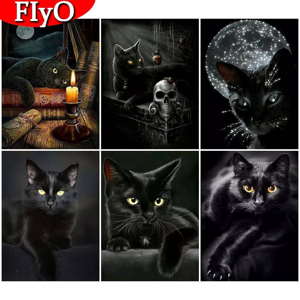 Diamantmålning Svart Katt Full Fyrkantig Borr Korsstygn Rea 5D DIY Diamantbroderi Djurkonst Strass Heminredning