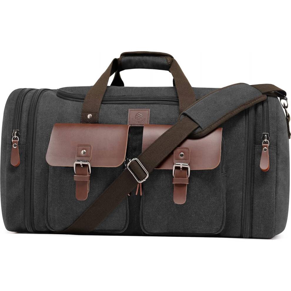 Canvas Duffeltaske til mænd, 50L Rejse Duffeltasker, Udvidelig Weekendtaske, Rejsetaske med to lynlåslommer (Sort, Stor - 50L)